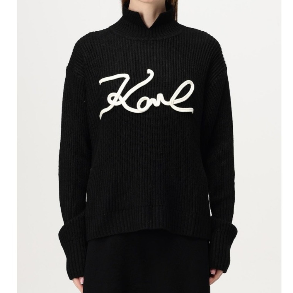 Karl Lagerfeld Paris Ribbed Mock Neck Logo Sweater Black Women Size XS NWT